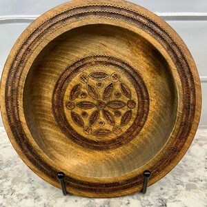 Hand carved wood brass inlay Polish plate Cepelia